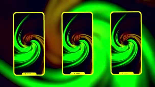 3D abstract background of twisted phone silhouettes on the background of colorful spheres. Design. Presentation of new smartphone. - Footage, Video