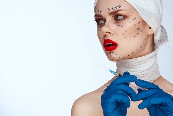 beautiful woman Red lips plastic surgery operation bare shoulders studio lifestyle - Φωτογραφία, εικόνα