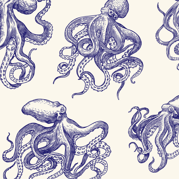 Mořská chobotnice Bezešvé vzory. Rytá ruka nakreslená starým náčrtem, starobylé stvoření. Námořní nebo námořní, zrůdo. Zvíře v oceánu. Šablona pro loga, štítky a symboly. - Vektor, obrázek