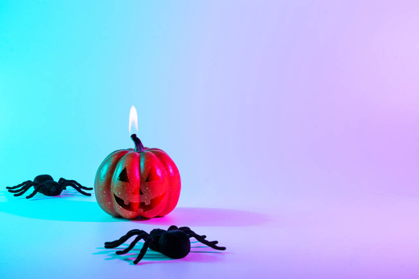 Tło Halloween. Straszna dynia, czarny nocny pająk na nocnym neonowym tle Helloween. Minimalistyczne tło jesiennych wakacji. Miejsce na tekst - Zdjęcie, obraz