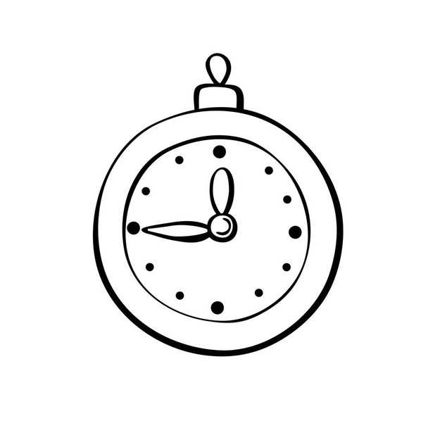 Vektorově tvarovaná skleněná hračka, dekorace ve formě hodinek na vánoční stromeček, ve stylu čmáranice. Klipart pro Veselé Vánoce a Nový rok blahopřání, omalovánky, šablona pro děti kreativity - Vektor, obrázek