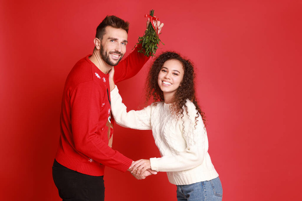 Portrait of lovely couple under mistletoe bunch on red background - Foto, Bild