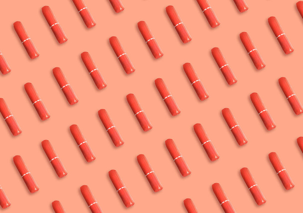 Many tampons on coral background, flat lay  - Foto, immagini