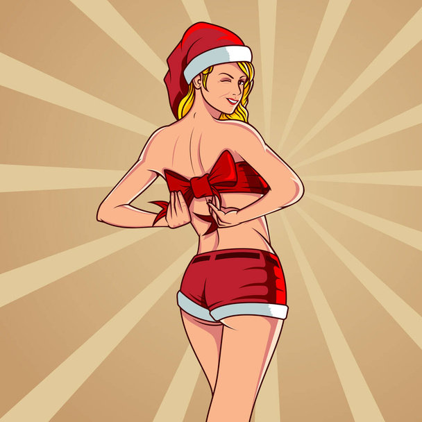 Linda chica de Santa Navidad tema de regalo - Vector, Imagen