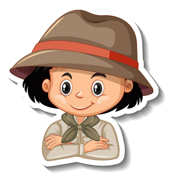 Meisje in safari outfit tekenfilm karakter sticker illustratie - Vector, afbeelding
