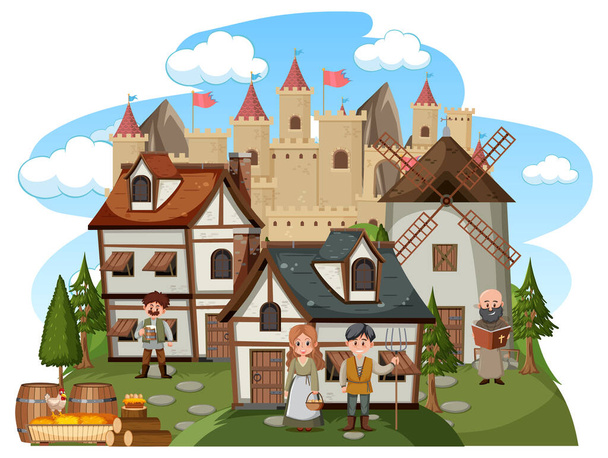 Aldea medieval con aldeanos sobre fondo blanco ilustración - Vector, Imagen