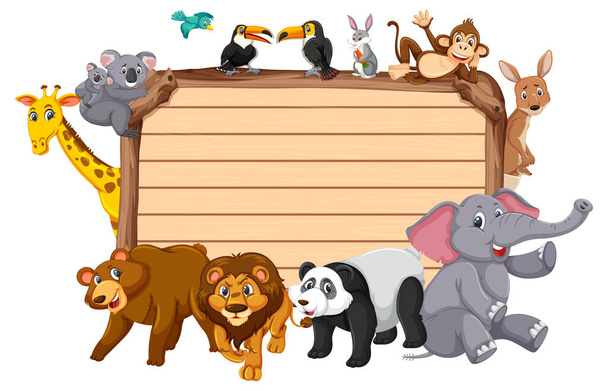 Empty wooden board with various wild animals illustration - Vector, Image