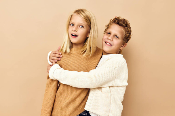 happy children in sweaters isolated background - Photo, Image