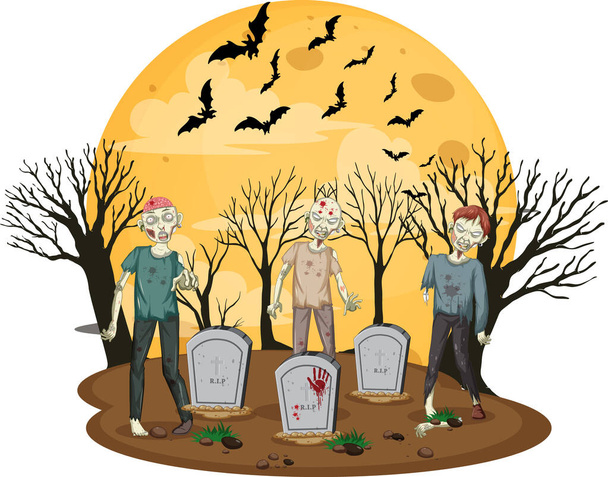 Жуткие зомби на кладбище - Вектор,изображение
