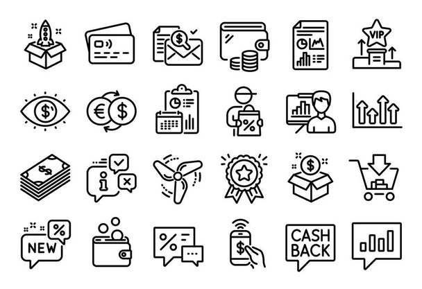 Vector set of Money transfer, New and Delivery discount line icons set. Calendar report, Money wallet and Credit card tag. Wallet money, Post package and Discounts icons. Vector - Вектор, зображення