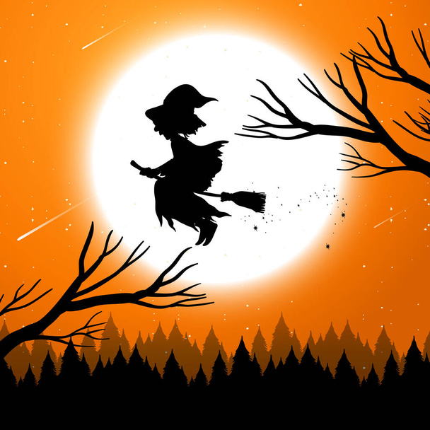Halloween night background with witch silhouette illustration - ベクター画像