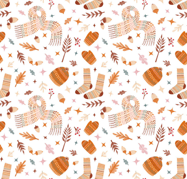 Autumn mood. Watercolor cozy seamless pattern. Illustration of knitting socks, warm scarf, oak leaves, cap, acorn, branch, berries, doodles. Flat style hand drawn elements isolated on white background - Фото, зображення
