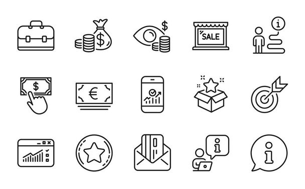 Finance icons set. Included icon as Portfolio, Smartphone statistics, Web traffic signs. Loyalty program, Target, Coins bag symbols. Business vision, Credit card, Sale. Payment click. Vector - Vettoriali, immagini