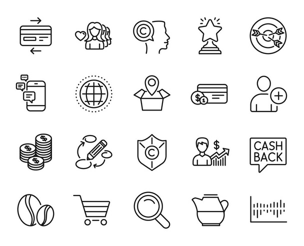 Vector set of Communication, Search and Business growth line icons set. Globe, Copyright protection and Keywords icons. Payment method, Woman love and Targeting signs. Communication web symbol. Vector - Vector, Imagen