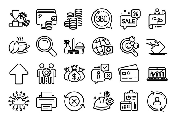 Vector set of User info, Coffee cup and Printer line icons set. Calendar report, Money wallet and Credit card tag. Dumbbell, Household service and World medicine icons. Vector - Vecteur, image
