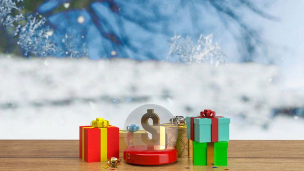 gouden dollar in kerstmis kristallen bol en geschenkdoos voor zakelijke of vakantie concept 3d rendering - Foto, afbeelding