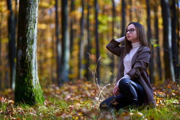 Portrait of a young attractive caucasian woman in an oak forest during autumn - Photo, Image