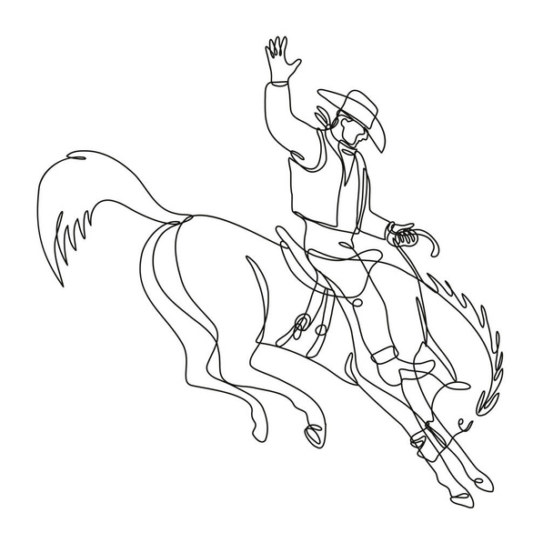 Kontinuální čára kreslení ilustrace rodeo kovboj na vzpínající se bronco pohled ze strany v mono lince nebo styl čmáranice v černé a bílé na izolovaném pozadí. - Vektor, obrázek