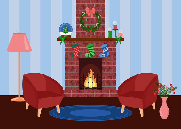クリスマスホームインテリア。リビングルームの暖炉の近くの2つのアームチェア。冬の休日の暖炉の概念。新年は屋内で居心地の良い。ベクトル平図. - ベクター画像