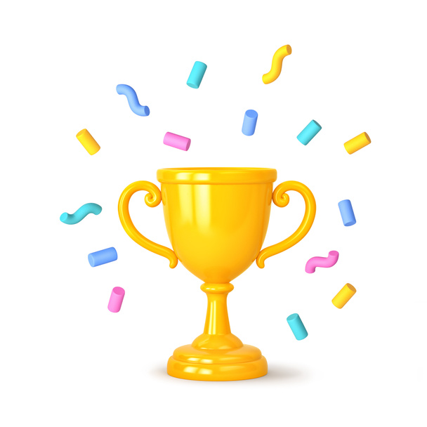 Cartoon winners trophy, champion cup with falling confetti isolated on white. 3D rendering with clipping path - Photo, Image