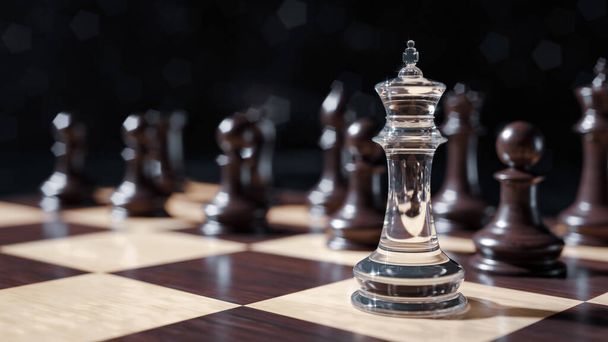 Κοντινό πλάνο της γυάλινης σκακιστικής φιγούρας στην σκακιέρα με θολές φιγούρες αντιπάλου στο παρασκήνιο. Έννοια για έναν εναντίον πολλών, εύκολο να σπάσει. 3D απόδοση. - Φωτογραφία, εικόνα