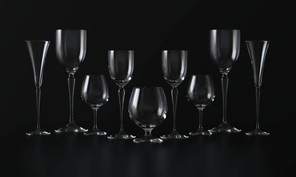 Lots of wine glasses of different shapes. Dark background. 3d rendering - Foto, Bild