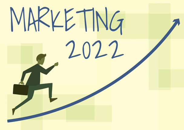 Writing displaying text Marketing 2022. Concept meaning Commercial trends for 2022 New Year promotional event Businessman Running Upward Holding Briefcase With Arrow Pointing Up. - Photo, Image