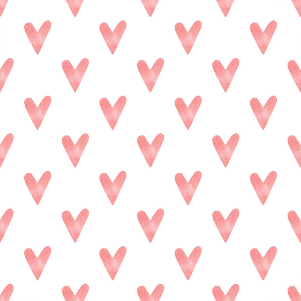 Płynny wzór z jasnoróżowym ręcznie malowane akwarelowe serca. Romantyczne tło dekoracyjne idealne na Walentynki prezent papier, wystrój ślubny lub tkaniny - Zdjęcie, obraz