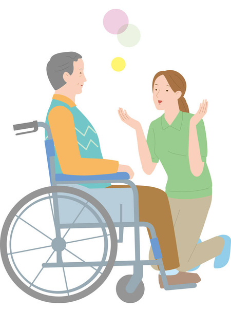Opiekunka rozmawia ze starszym mężczyzną na wózku inwalidzkim. Ilustracja wektora - Wektor, obraz
