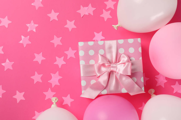 Birthday accessories on pink background, space for text - Φωτογραφία, εικόνα