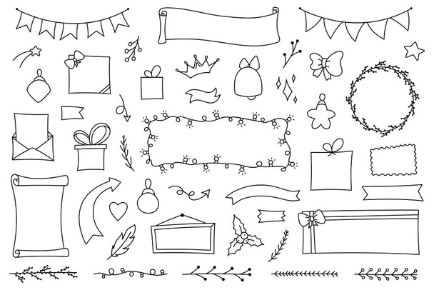 Karácsonyi készlet kézzel rajzolt elemek napló, notebook és tervező firka stílusban. Vektornaptár tanuláshoz és munkához. Dekorációs keretek és matricák gyűjteménye a vonalakról. Aranyos háttér tervezés - Vektor, kép