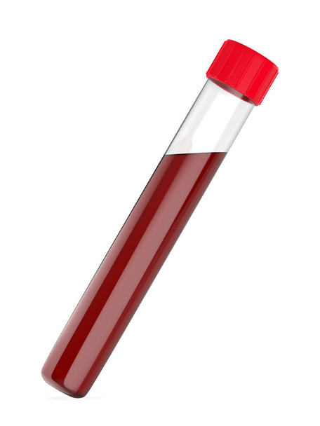 Tubo de ensayo con sangre sobre fondo blanco
 - Foto, imagen