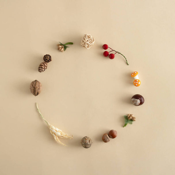 Nature flat lay with autumn leaves, wheat, mushrooms and fruits. Creative autumn minimal copy space concept. - Photo, Image