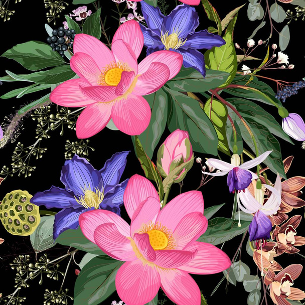 Nature seamless pattern. Hand drawn summer background: pink lotus flower, herbs and violet clematis, orchids flowers. Black background. - Vektori, kuva