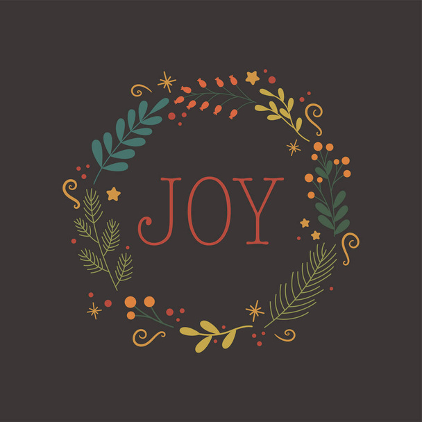 Christmas card with Joy lettering inside decorative foliage wreath. Vector illustration  - Vector, Image