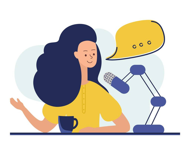 Podcast concept. An illustration about the podcast. A girl talking into a microphone and sitting at a table. vector in a fashionable style. - Vector, Image