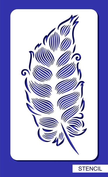 Stencil with decorative feather, leaf. Beautiful detailed fluffy quill. Rectangular vertical white panel, sample for laser cutting of paper, metal engraving, wood carving, cnc. Vector illustration. - Vector, Image