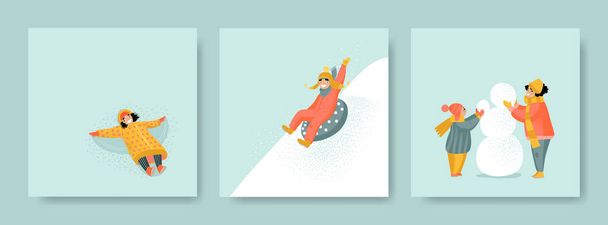 Vektor-Illustrationen mit den Winteraktivitäten der Kinder. Das Mädchen im Schnee stellt einen Engel dar, der Junge rollt den verschneiten Hügel hinunter, die Kinder basteln einen Schneemann. - Vektor, Bild