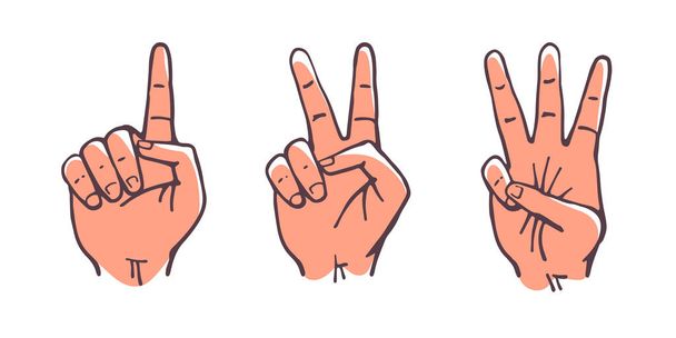 Conjunto de contar uno, dos, tres señales de mano. Concepto de tres pasos u opciones. Ilustración vectorial plana coloreada. - Vector, imagen