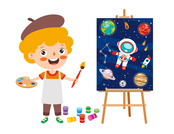 Funny Kid Coloring And Painting - Vector, Image