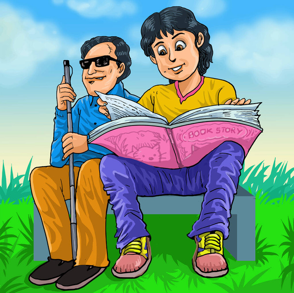 Garçon lecture de livres pour un ami aveugle - Vecteur, image