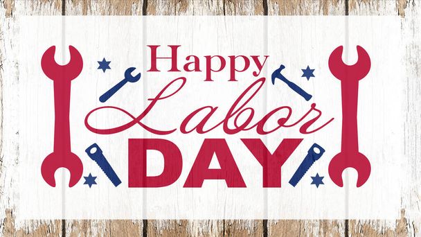 Happy Labor Day background banner panorama greting card template - Lettering with wrench working symbols, isolated on rustic white wooden wall board wood texture - Photo, Image