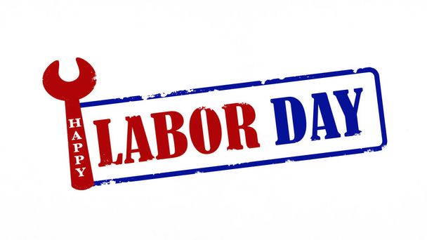 Szablon karty graficznej Happy Labor Day - podrapany znaczek Grunge z symbolami pracy klucza, izolowany na białym tle - Zdjęcie, obraz