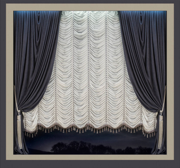 Μονόχρωμη εσωτερική διακόσμηση σε παραδοσιακό και μοντέρνο στυλ. Γκρι ίσια και άσπρες γαλλικές κουρτίνες στο παράθυρο - Φωτογραφία, εικόνα