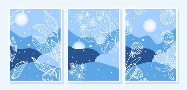Ensemble d'hiver de milieux floraux abstraits pour les histoires de médias sociaux et affiche dans des tons bleus avec des flocons de neige et le soleil, peut être utilisé pour l'invitation à l'événement, conception de carte, annonce. Illustration vectorielle - Vecteur, image