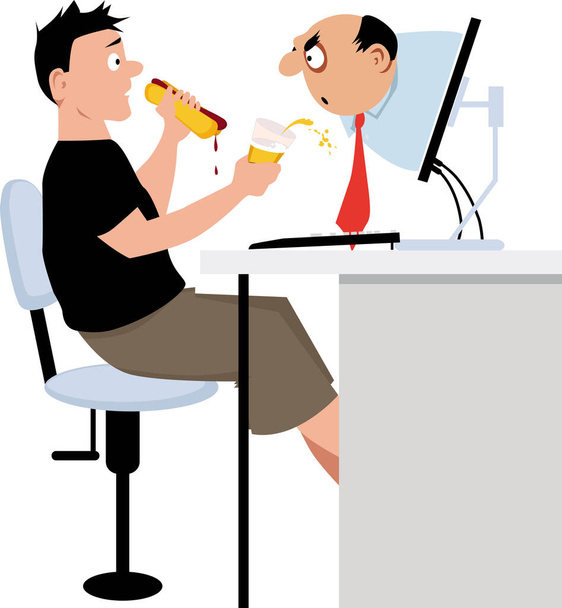 彼の机でビールを食べたり飲んだりしているリモート従業員とマネージャーのチェックイン、 EPS 8ベクトルイラスト - ベクター画像
