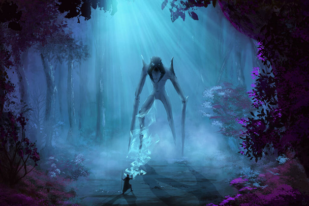 Digital painting of a fantasy forest by night where a human wizard encounters a huge forest monster - Photo, Image