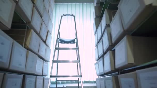 Raflarda kutular ve sıranın sonunda merdiven olan metal raflar - Video, Çekim