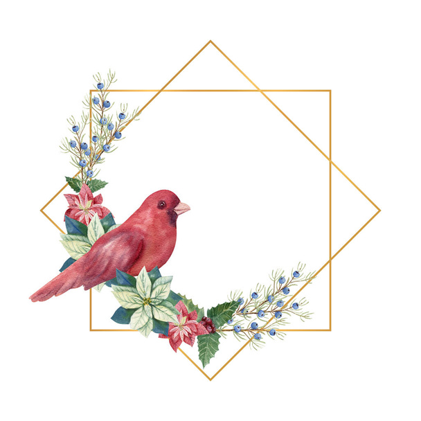 Χρυσό γεωμετρικό πλαίσιο με χειμερινή d cor και κόκκινο πουλί. Υδατογραφία Χριστούγεννα εικονογράφηση - Φωτογραφία, εικόνα