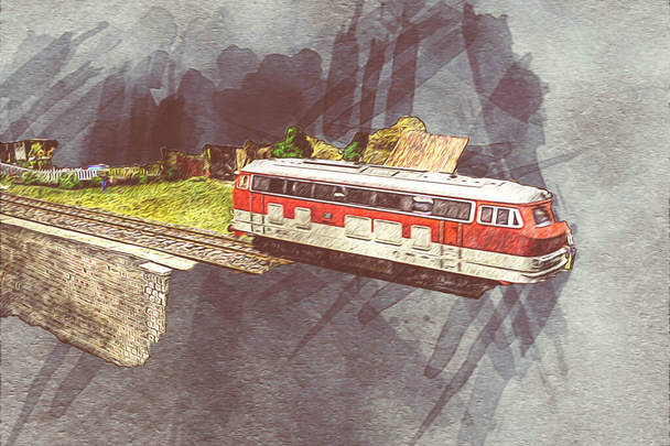 Most kolejowy nad rzeką, wiadukt, ilustracja sztuki vintage retro antyk, model, miniatura - Zdjęcie, obraz